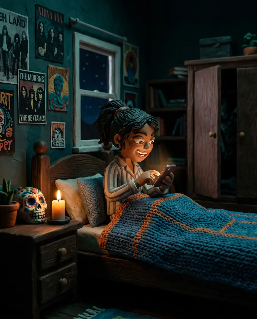 Figura de plastilina escribiendo en su celular de noche, junto a una vela